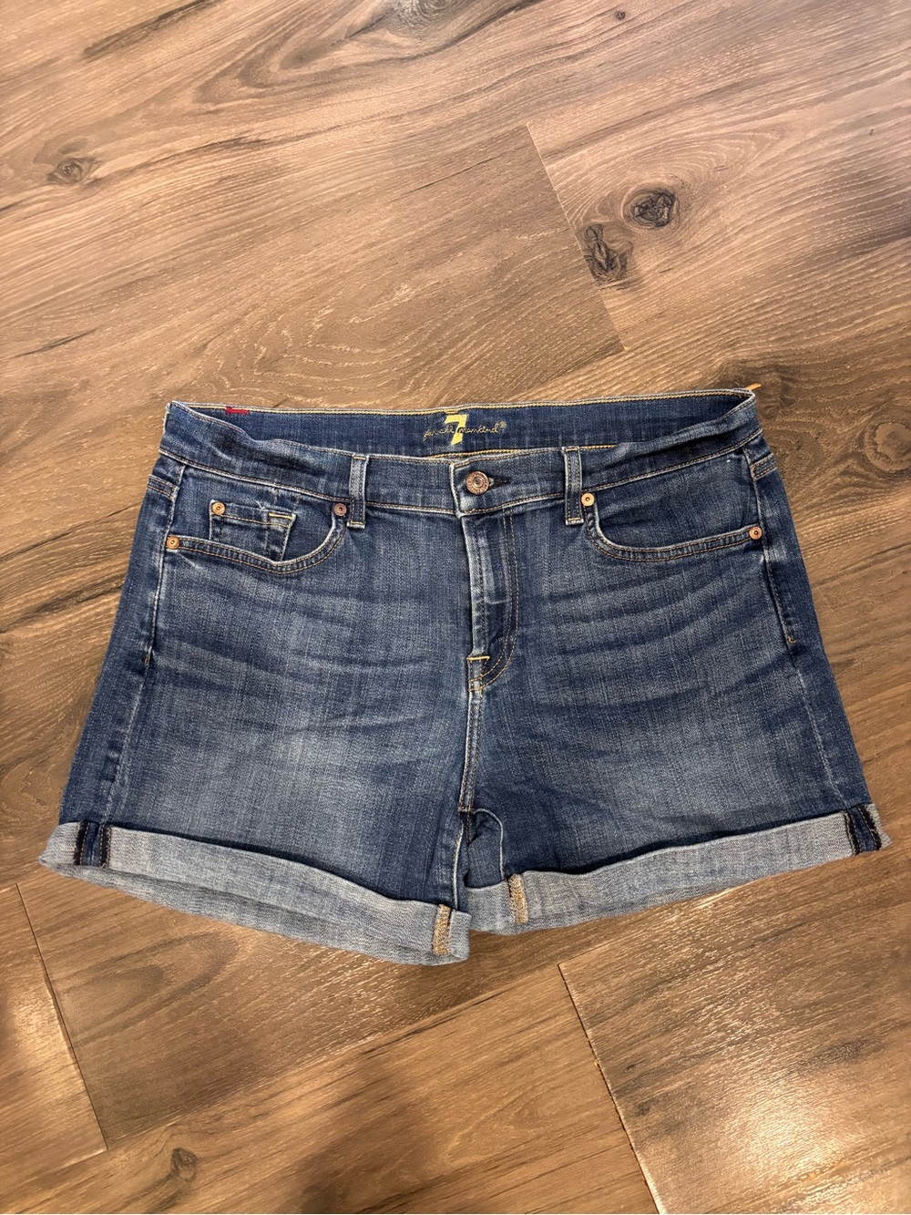 7 For All Mankind Blue Rolled-Hem Denim Shorts